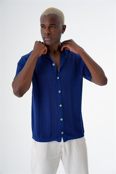 Chuba Erkek Desenli Kısa Kollu Regular Fit Triko Gömlek Navy 24S267
