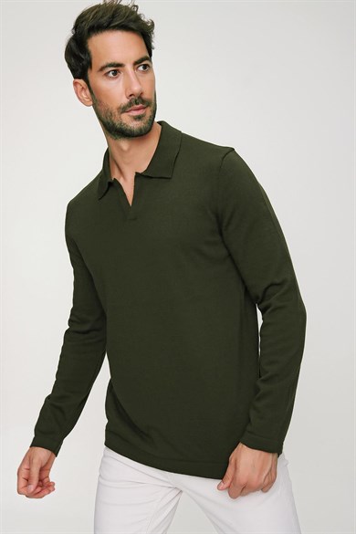Chuba Erkek Haki Reddington Polo Yaka Uzun Kollu İnce Triko Kazak 22W403