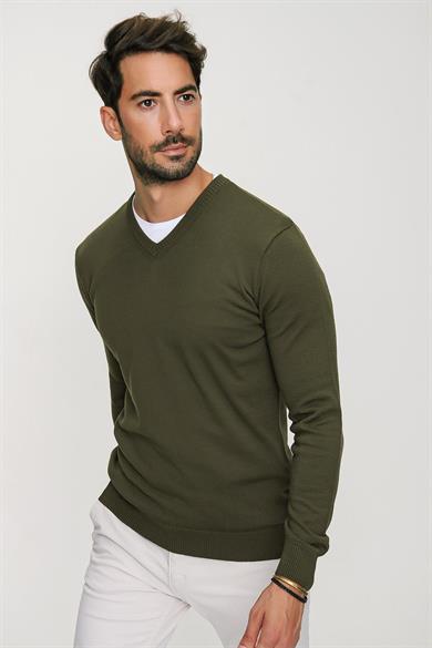 Chuba Erkek Haki V Yaka Triko Kazak 20W151