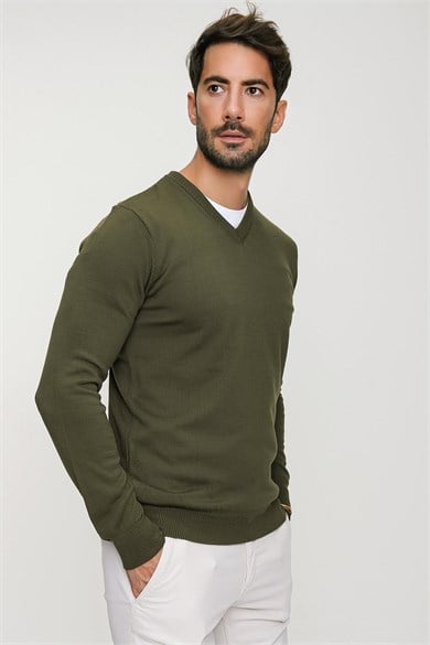 Chuba Erkek Haki V Yaka Triko Kazak 20W151