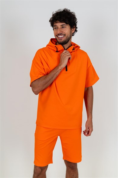 Chuba Erkek Kapüşonlu Yarım Fermuarlı Kısa Kollu Rahat Kalıp Spor Sweatshirt Oranj 23S2024