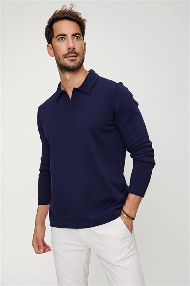 Chuba Erkek Lacivert Reddington Polo Yaka Uzun Kollu İnce Triko Kazak 22W403