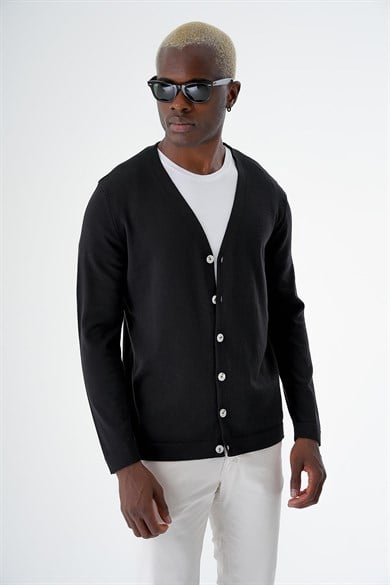 Chuba Erkek Pamuklu Düğmeli Standart Fit Casual Triko Hırka Siyah 24S277