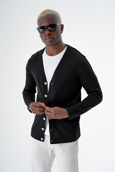 Chuba Erkek Pamuklu Düğmeli Standart Fit Casual Triko Hırka Siyah 24S277