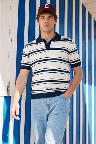 Chuba  Erkek Polo Yaka Çizgili Düğmeli Kısa Kollu Triko T-Shirt Lacivert-Beyaz 26S2017