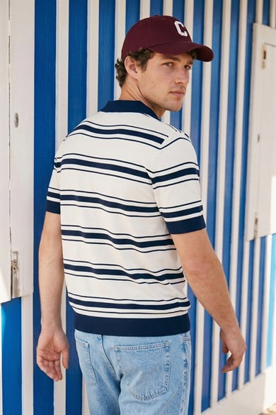 Chuba  Erkek Polo Yaka Çizgili Düğmeli Kısa Kollu Triko T-Shirt Lacivert-Beyaz 26S2017