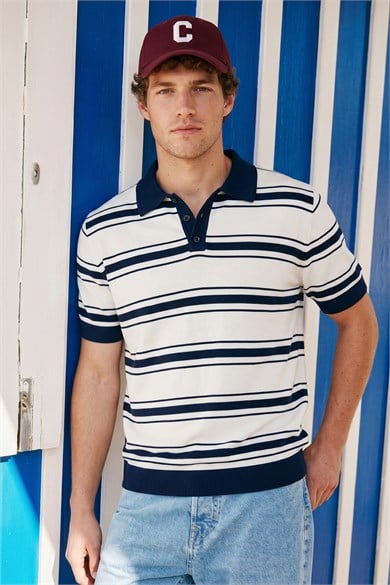 Chuba  Erkek Polo Yaka Çizgili Düğmeli Kısa Kollu Triko T-Shirt Lacivert-Beyaz 26S2017