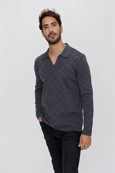 CHUBA Erkek Polo Yaka Desenli Triko Kazak Antrasit - Siyah 23W204