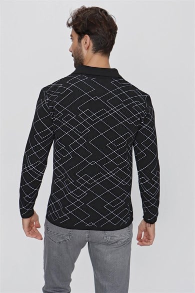CHUBA Erkek Polo Yaka Desenli Triko Kazak Siyah - Ekru 23W204