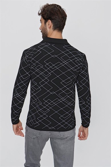 CHUBA Erkek Polo Yaka Desenli Triko Kazak Siyah - Ekru 23W204