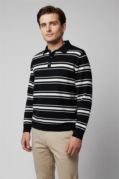 Chuba Erkek Polo Yaka Düğmeli Çizgili Triko Kazak Siyah-Beyaz 26W2015