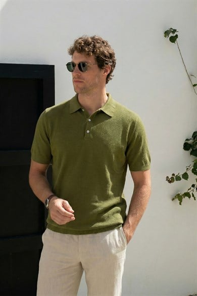 Chuba Erkek Polo Yaka Düğmeli Kısa Kollu Triko T-Shirt Haki 26S2016