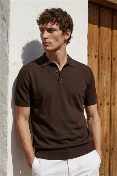 Chuba Erkek Polo Yaka Düğmeli Kısa Kollu Triko T-Shirt Kahve 26S2016