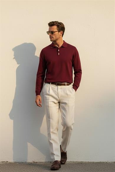 Chuba Erkek Polo Yaka Düğmeli Triko Kazak Bordo 26W2012