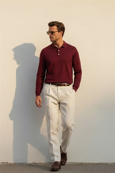Chuba Erkek Polo Yaka Düğmeli Triko Kazak Bordo 26W2012