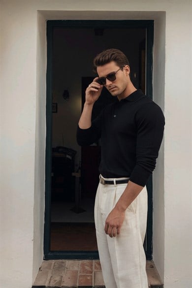 Chuba Erkek Polo Yaka Düğmeli Triko Kazak Siyah 26W2012