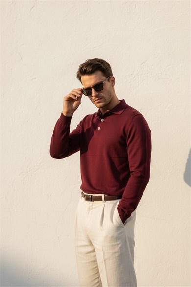 Chuba Erkek Polo Yaka Düğmeli Triko Kazak Bordo 26W2012