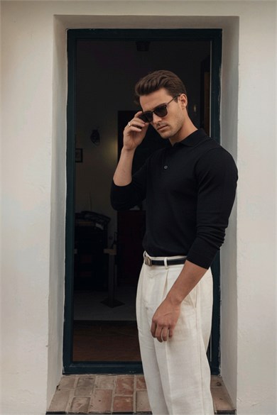 Chuba Erkek Polo Yaka Düğmeli Triko Kazak Siyah 26W2012