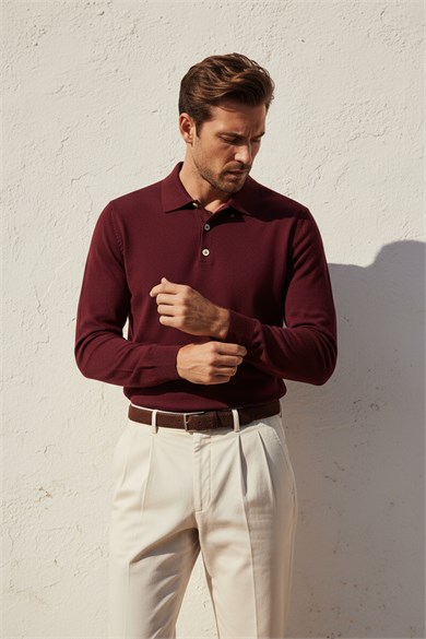 Chuba Erkek Polo Yaka Düğmeli Triko Kazak Bordo 26W2012