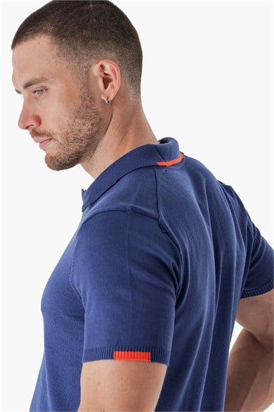 Chuba Erkek Polo Yaka Kontrast Çizgi Detaylı Pamuklu İnce Triko T-Shirt Navy 22SM209