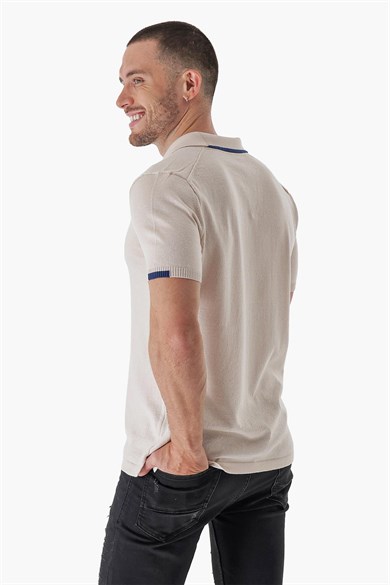 Chuba Erkek Polo Yaka Kontrast Çizgi Detaylı Pamuklu İnce Triko T-Shirt Bej  22SM209