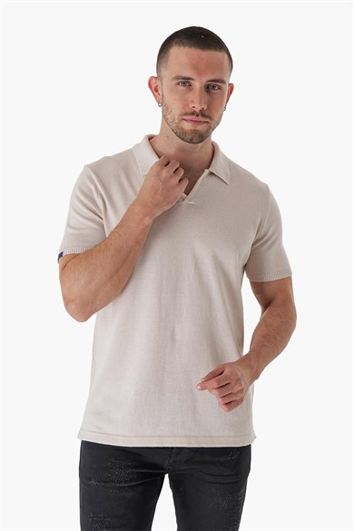 Chuba Erkek Polo Yaka Kontrast Çizgi Detaylı Pamuklu İnce Triko T-Shirt Bej  22SM209