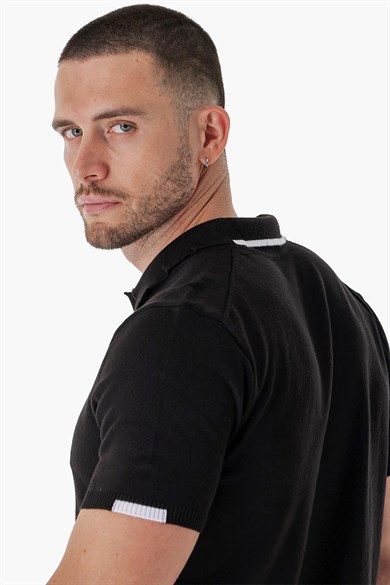 Chuba Erkek Polo Yaka Kontrast Çizgi Detaylı Pamuklu İnce Triko T-Shirt Siyah  22SM209