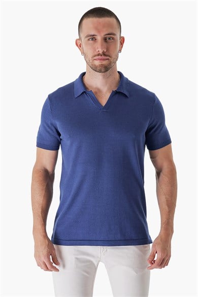 Chuba Erkek Polo Yaka Kontrast Çizgi Detaylı Pamuklu İnce Triko T-Shirt Navy 22SM209