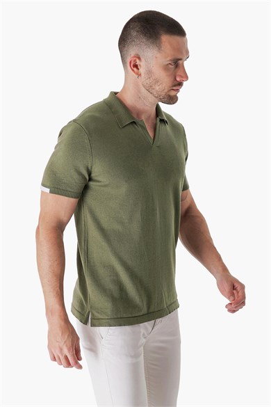 Chuba Erkek Polo Yaka Kontrast Çizgi Detaylı Pamuklu İnce Triko T-Shirt Haki  22SM209