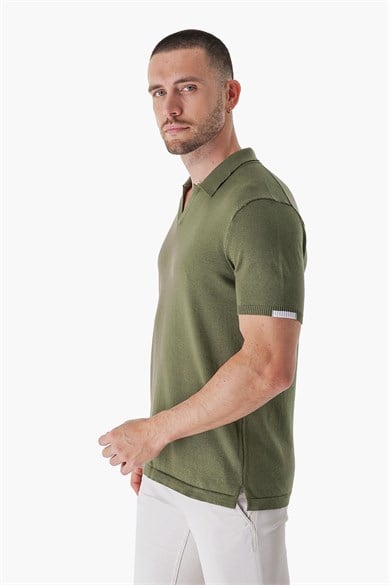 Chuba Erkek Polo Yaka Kontrast Çizgi Detaylı Pamuklu İnce Triko T-Shirt Haki  22SM209