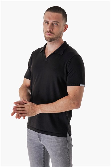 Chuba Erkek Polo Yaka Kontrast Çizgi Detaylı Pamuklu İnce Triko T-Shirt Siyah  22SM209
