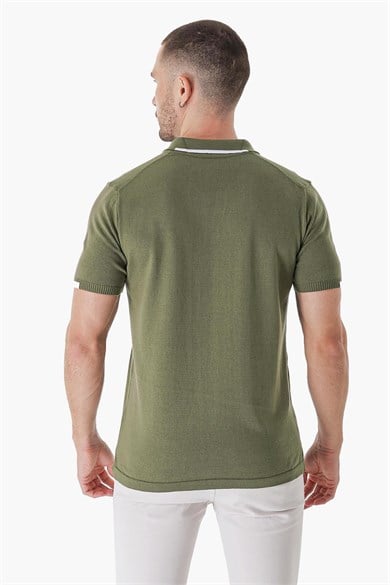 Chuba Erkek Polo Yaka Kontrast Çizgi Detaylı Pamuklu İnce Triko T-Shirt Haki  22SM209