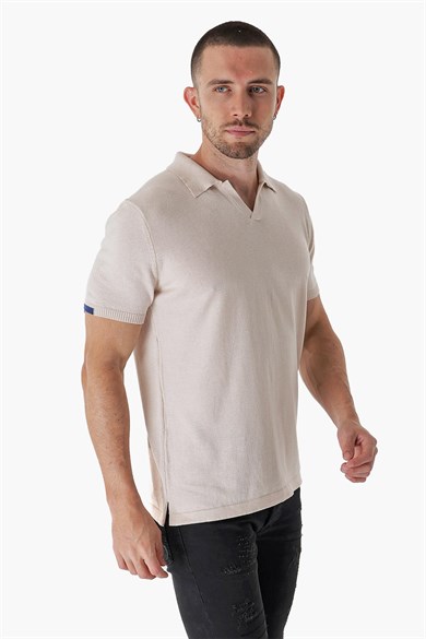 Chuba Erkek Polo Yaka Kontrast Çizgi Detaylı Pamuklu İnce Triko T-Shirt Bej  22SM209