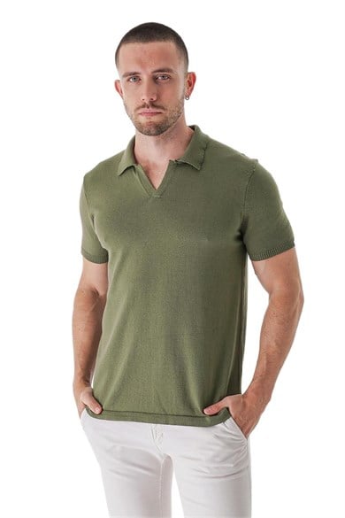 Chuba Erkek Polo Yaka Kontrast Çizgi Detaylı Pamuklu İnce Triko T-Shirt Haki  22SM209