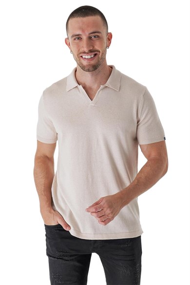 Chuba Erkek Polo Yaka Kontrast Çizgi Detaylı Pamuklu İnce Triko T-Shirt Bej  22SM209