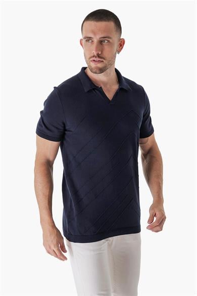 Chuba Erkek Polo Yaka Örgü Detaylı Pamuklu İnce Spor Triko T-Shirt Lacivert 23S2010