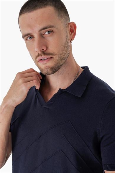 Chuba Erkek Polo Yaka Örgü Detaylı Pamuklu İnce Spor Triko T-Shirt Lacivert 23S2010