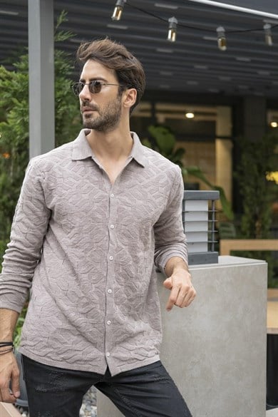 CHUBA Erkek Regular Fit Desenli Uzun Kollu Triko Gömlek Vizon 23W211
