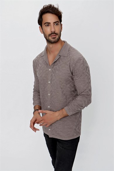 CHUBA Erkek Regular Fit Desenli Uzun Kollu Triko Gömlek Vizon 23W211
