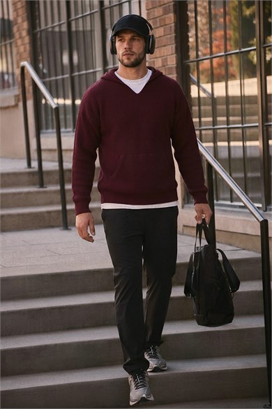 Chuba Erkek Selanik Örgü Kapüşonlu Ve Cepli Standart Kesim Triko Kazak Bordo 25W2002