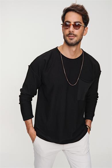 Chuba Erkek Siyah Hero Bisiklet Yaka Pis Dikiş Cepli Uzun Kol İnce Triko Kazak 22W202