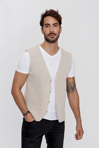 CHUBA Erkek Süs Cepli Regular Fit Triko Yelek Bej 23W218