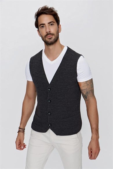 CHUBA Erkek Süs Cepli Regular Fit Triko Yelek Antrasit 23W218