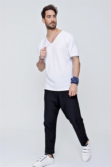 Chuba Erkek V Yaka Loose Fit Pamuklu İnce Triko T-Shirt Beyaz  22SM204