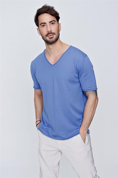 Chuba Erkek V Yaka Loose Fit Pamuklu İnce Triko T-Shirt İndigo  22SM204