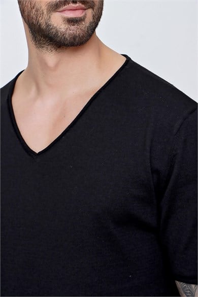 Chuba Erkek V Yaka Loose Fit Pamuklu İnce Triko T-Shirt Siyah  22SM204