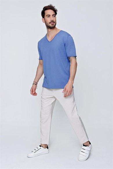 Chuba Erkek V Yaka Loose Fit Pamuklu İnce Triko T-Shirt İndigo  22SM204