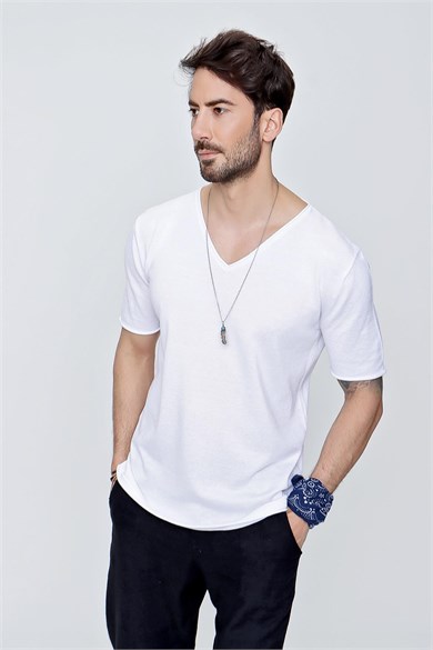 Chuba Erkek V Yaka Loose Fit Pamuklu İnce Triko T-Shirt Beyaz  22SM204