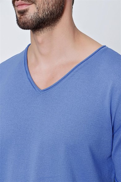 Chuba Erkek V Yaka Loose Fit Pamuklu İnce Triko T-Shirt İndigo  22SM204