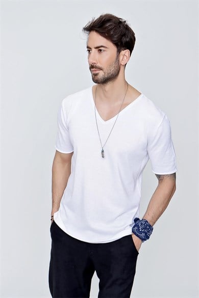Chuba Erkek V Yaka Loose Fit Pamuklu İnce Triko T-Shirt Beyaz  22SM204